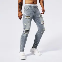 Patch sequin rhinestone jeans for men with torn holes, elastic summer fashion, casual fit, small foot muscle tight pants