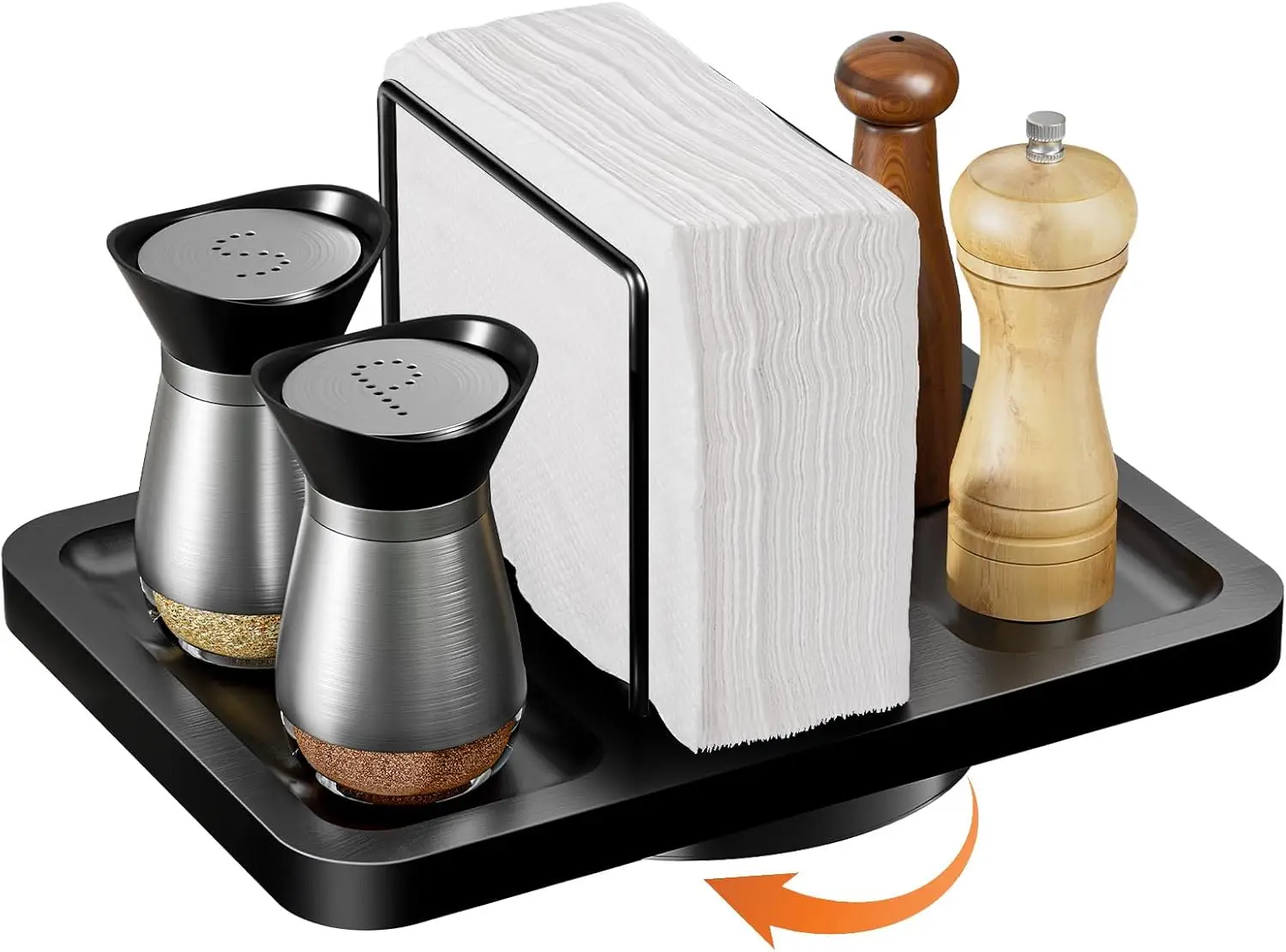 

360° Rotating Bamboo Napkin Holder with Salt & Pepper Caddy, Black Metal Hand Towel Rack for Kitchen Bathroom Farmhouse Decor