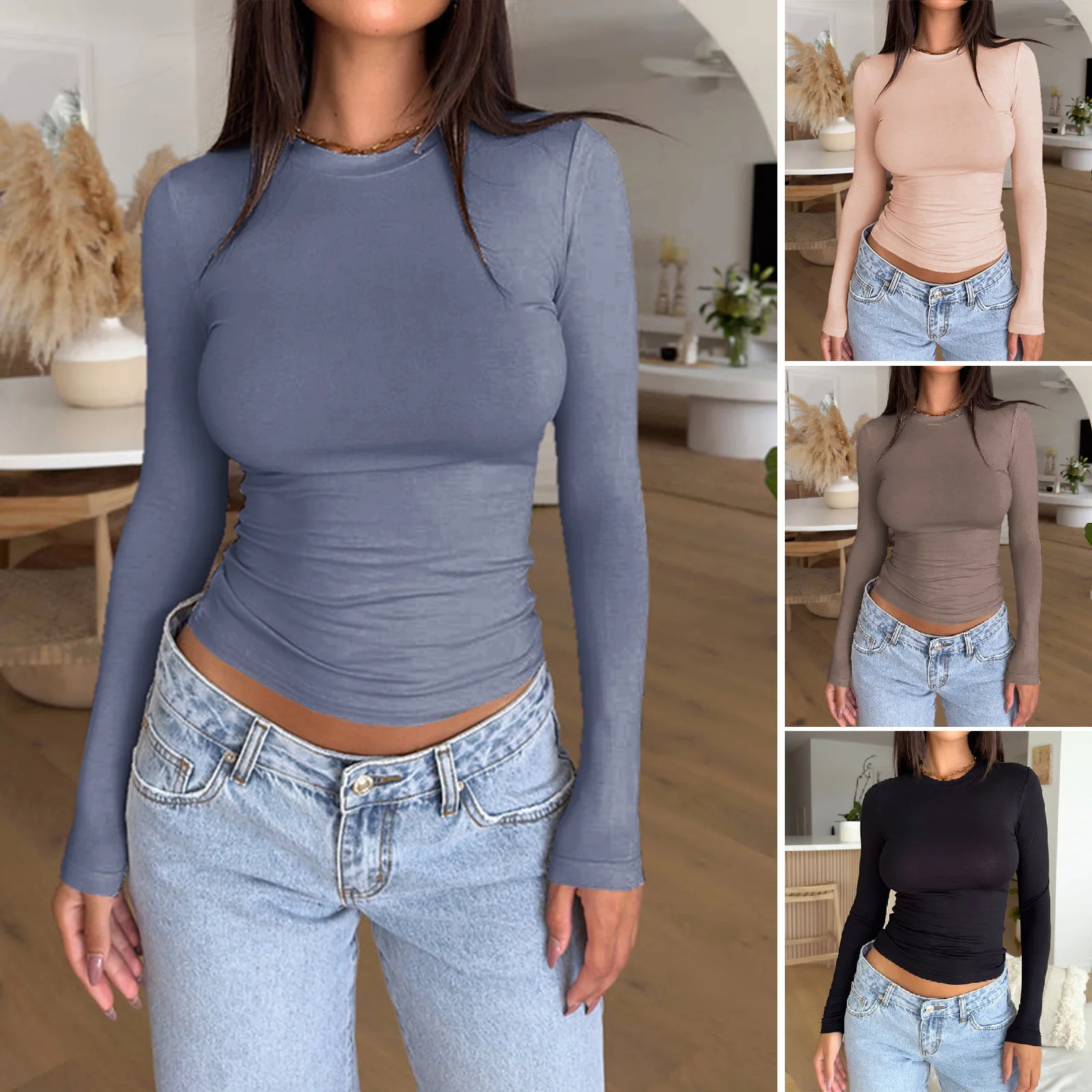 2025 Spring Summer Women's Base Shirt Female Solid Color O-neck Long Sleeve Tops Lady's Slim Soft Bottoming Shirt Women's Tops