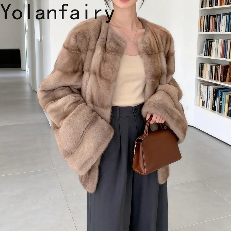 เสื้อโค้ทขนสัตว์แท้ YOLANFAIRY สำหรับผู้หญิง ขนมิงค์แท้ทั้งตัว สไตล์วินเทจ หรูหรา สำหรับฤดูหนาว รุ่นสั้น