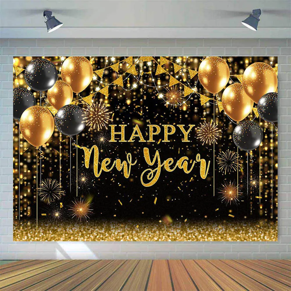 Mocsicka-Toile de fond de bonne année, ballon doré scintillant, feu d'artifice champagne, fond de photographie, décor de fête, accessoires de studio photo