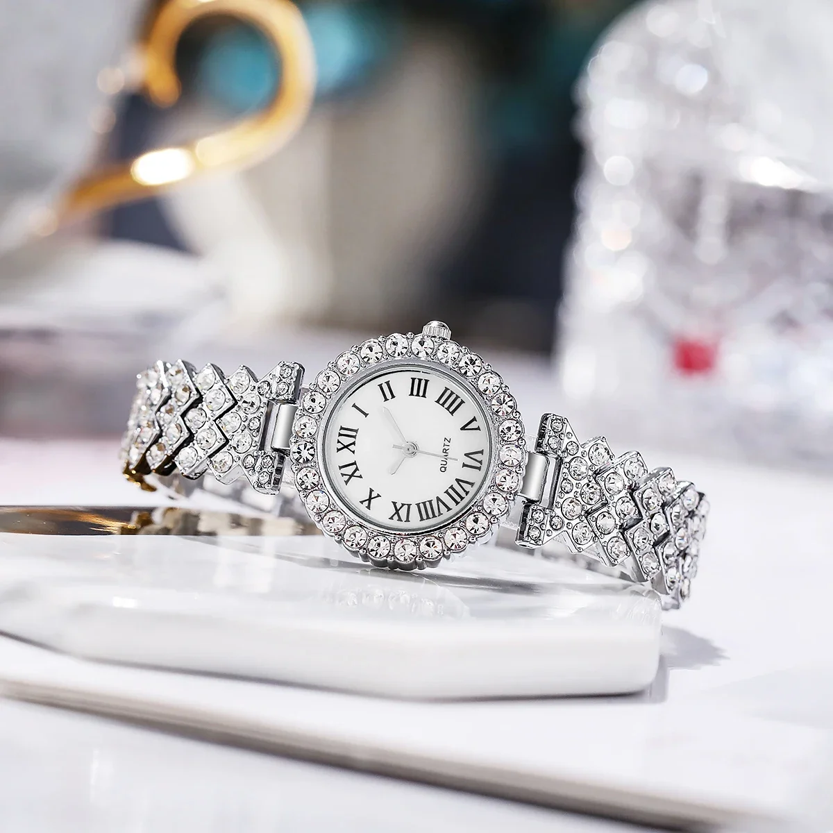 6PCS/Set Fashion Rhinestone Women\'s Watch Female Steel Band Analog Quartz Watches Diamond Jewelry Set(Without Box)
