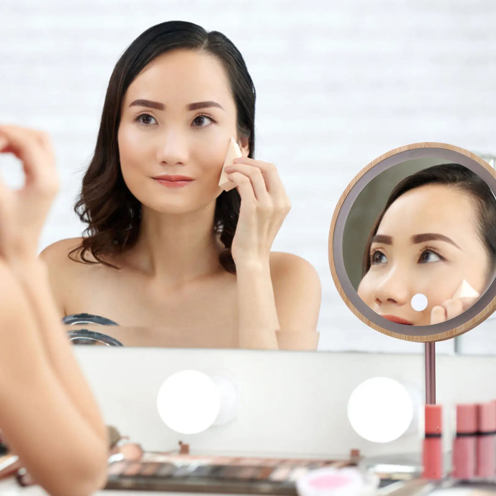 

1Pcs Wooden Desktop Makeup Mirror with Bright LED Lights 90 Degree Rotatable Swivel Stand for Flawless Daily Application