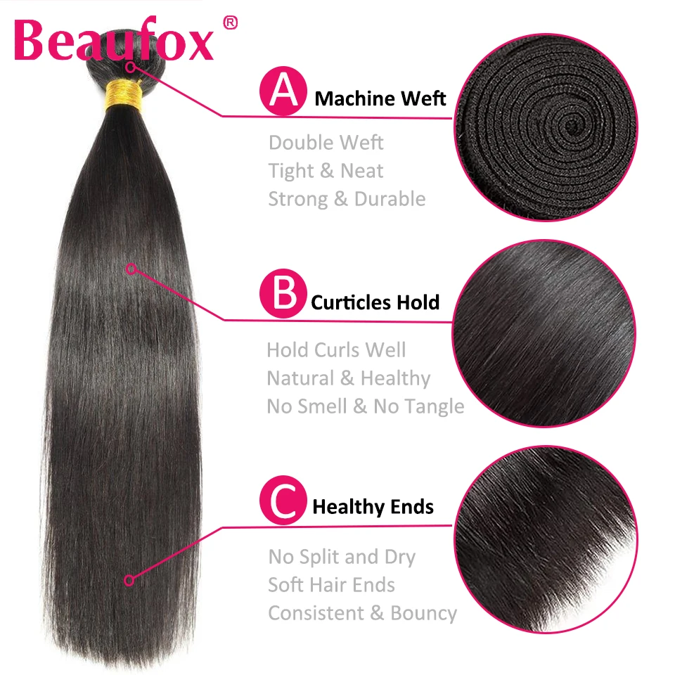 Beaufox Straight Human Hair Bundles 30 inches Brazilian Hair Weave Bundles Remy 1/3/4 PC Human Hair Extensions Natural Color