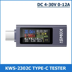 KWS-2302C Type-C Current and Voltage Monitor DC 4-30V 0-12A Power Meter Tester PD Battery Capacity Digital LCD Display Meter