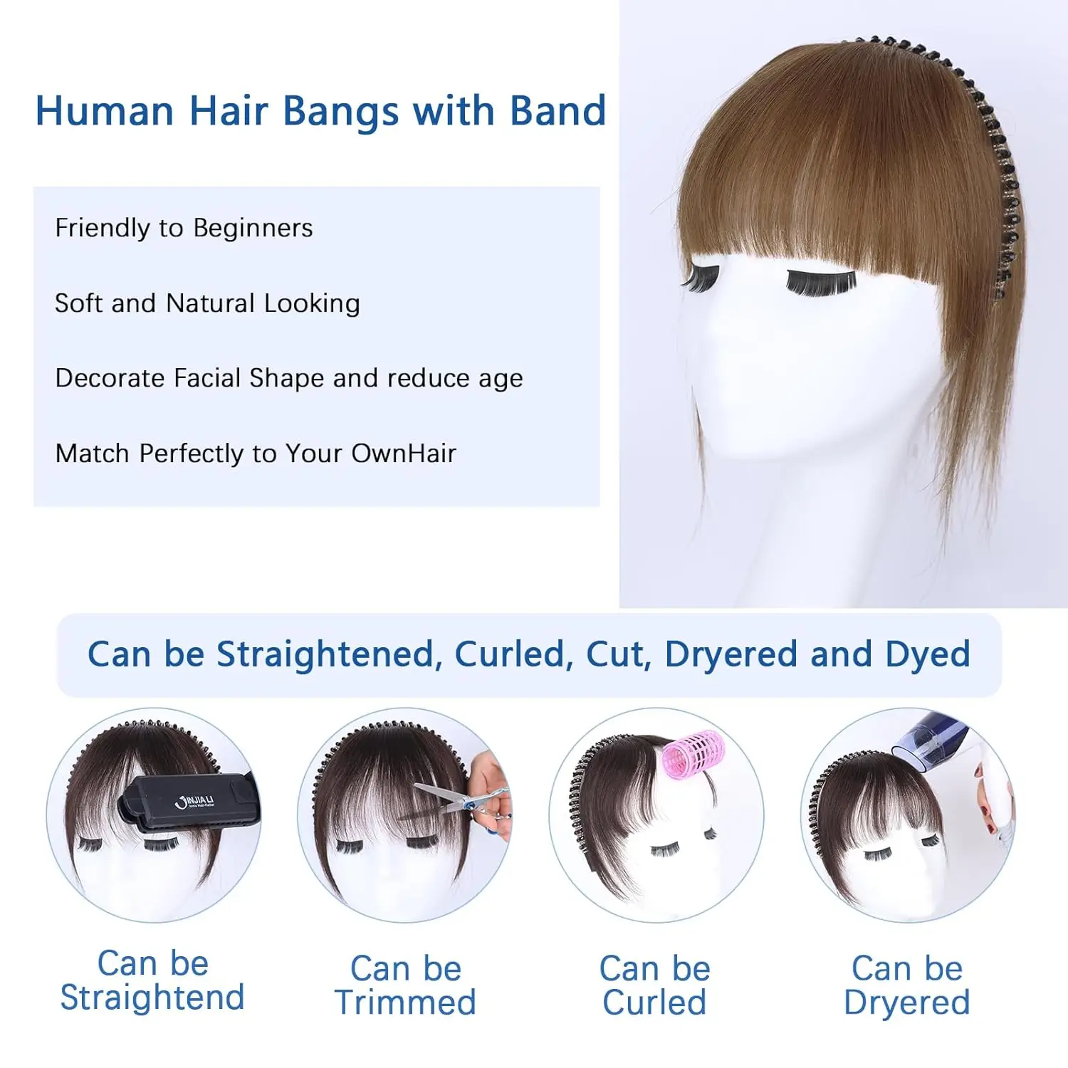 أغطية شعر بشري مع شريط من حجر الراين للنساء، مشبك في غرة مع شريط شعر مستقيم لتخفيف الشعر