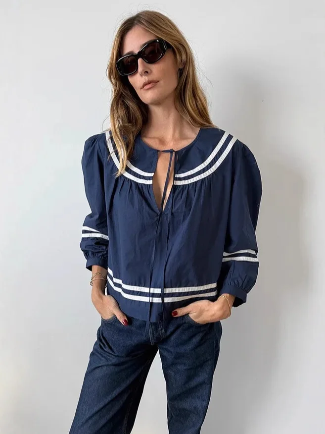 

Withered Naval Academy Style Blue And White Striped Round Neck Tied Long Sleeved Cotton Shirt For Women Clothes Shirts Tops