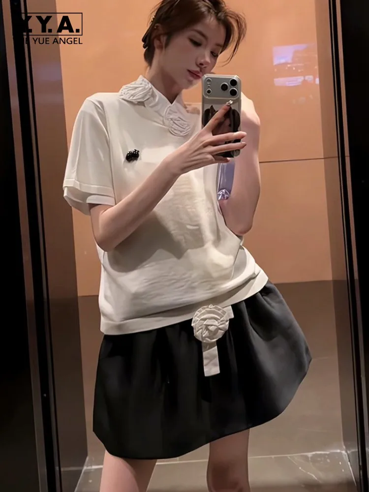 

New Summer Sweet Women Flower Short Sleeve Pullover T Shirt Top High Waist Loose Fit Bud Skirt Two Piece Set FCasual Steetwear