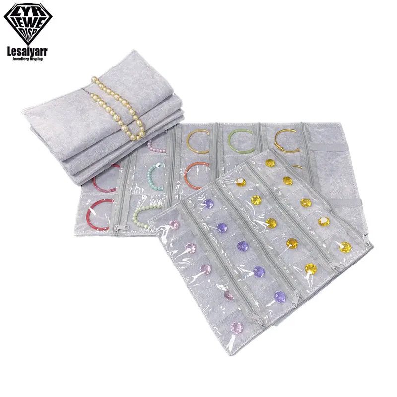 Portable Travel Jewelry Display Zipper Roll Bag Grey Velvet Earrings Pendant Necklace Chain Storage Case Bracelet Organizer Case
