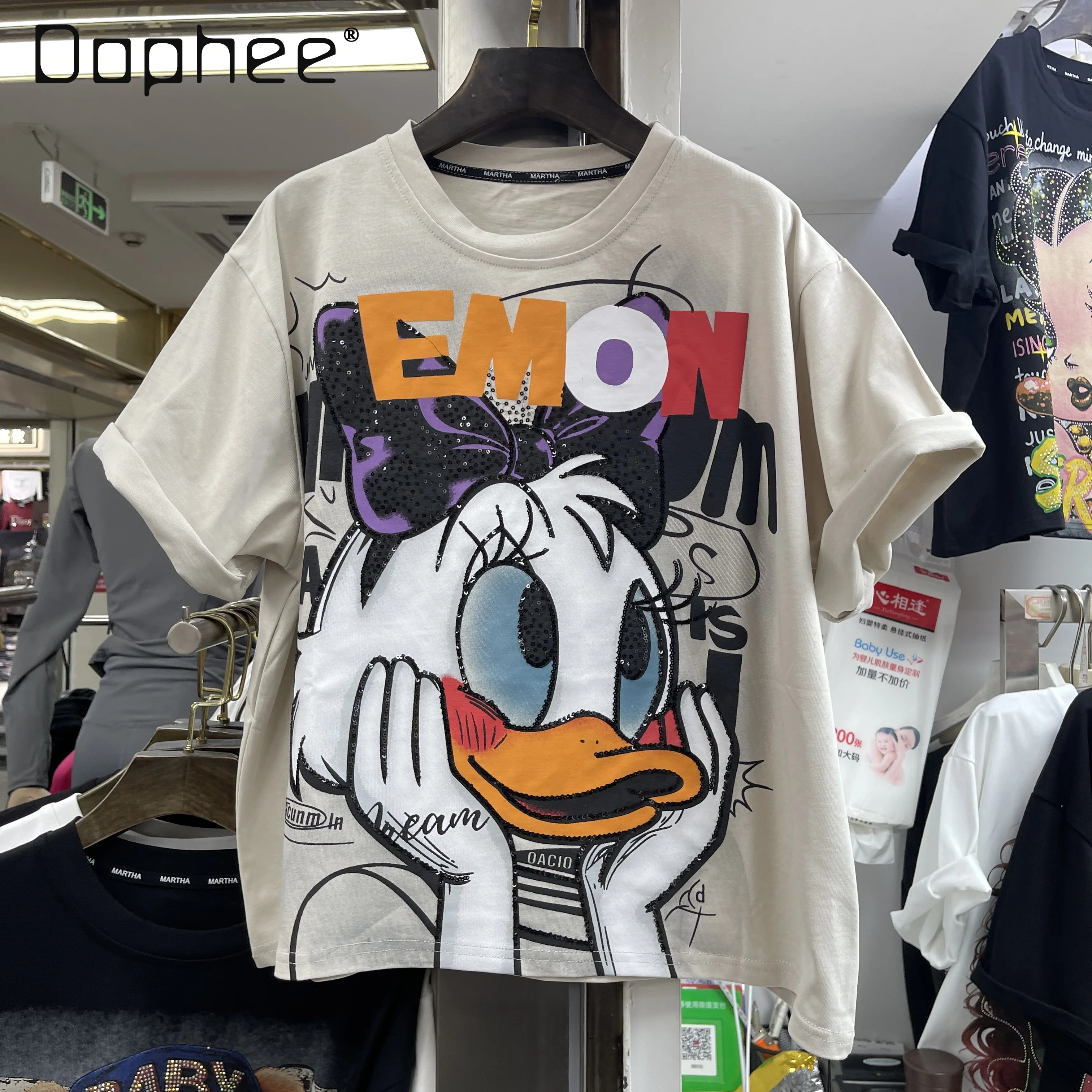 

Korean Version Cartoon Print Top Autumn Winter New Loose European Style Round Neck Short Sleeve T-Shirt for Women Vintage Tops