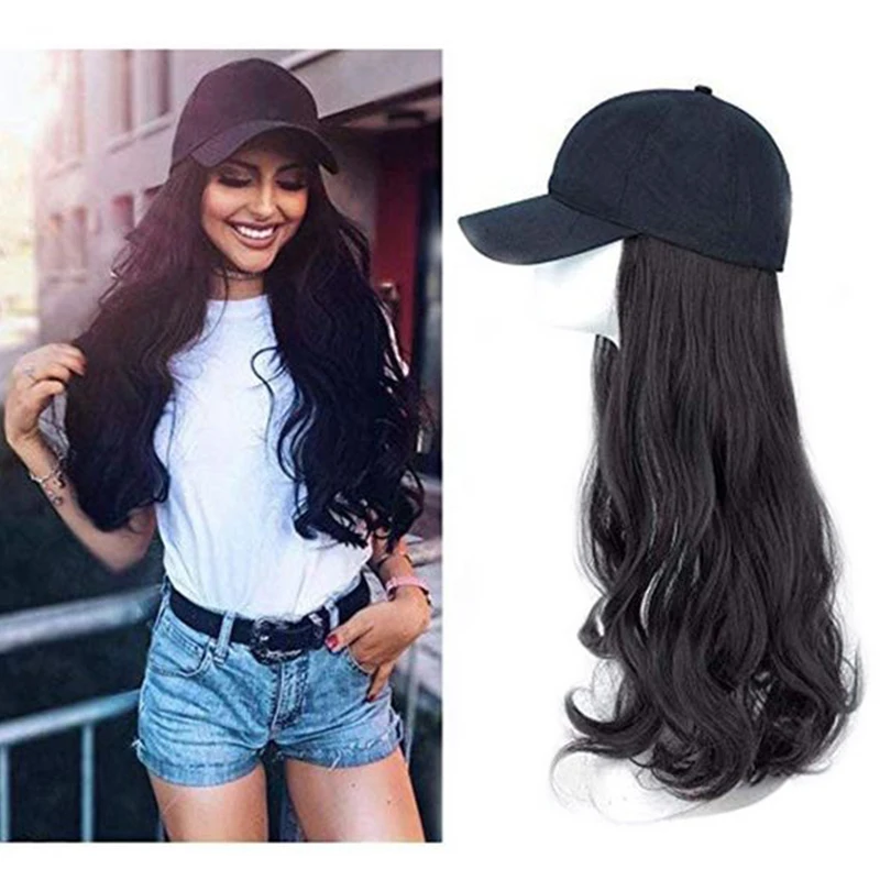 MANWI Synthetic 50Cm Long Vacation Hair Hat One Body Lady Long Curls Hair Water Wave Baseball Cap Fashionable Head Sets Wig