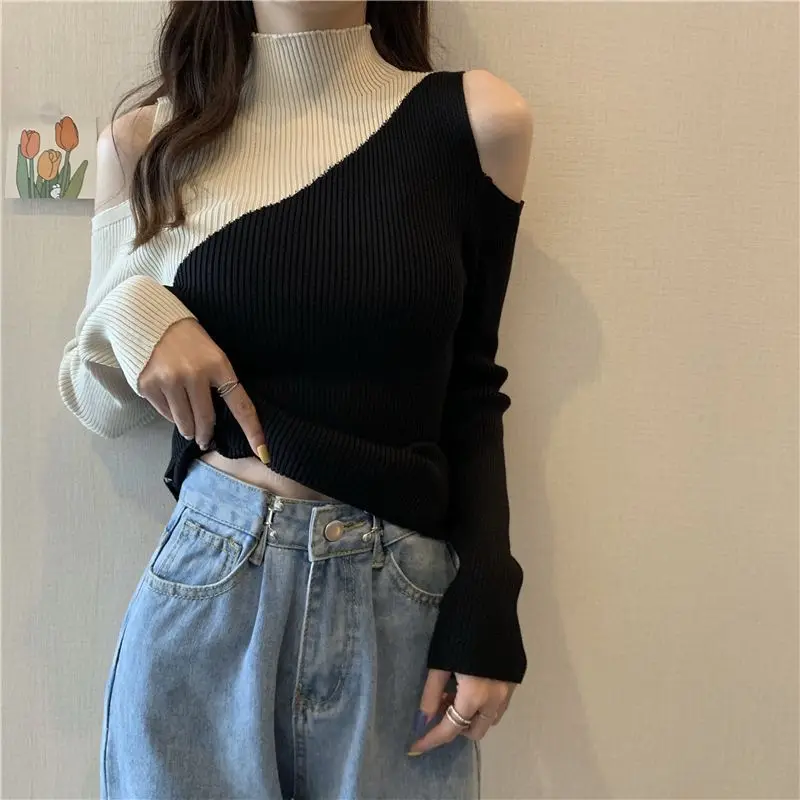 Fashion Stand Collar Spliced Off Shoulder Blouses Women\'s Clothing 2023 Autumn Winter Slim Korean Pullovers Office Lady Shirts