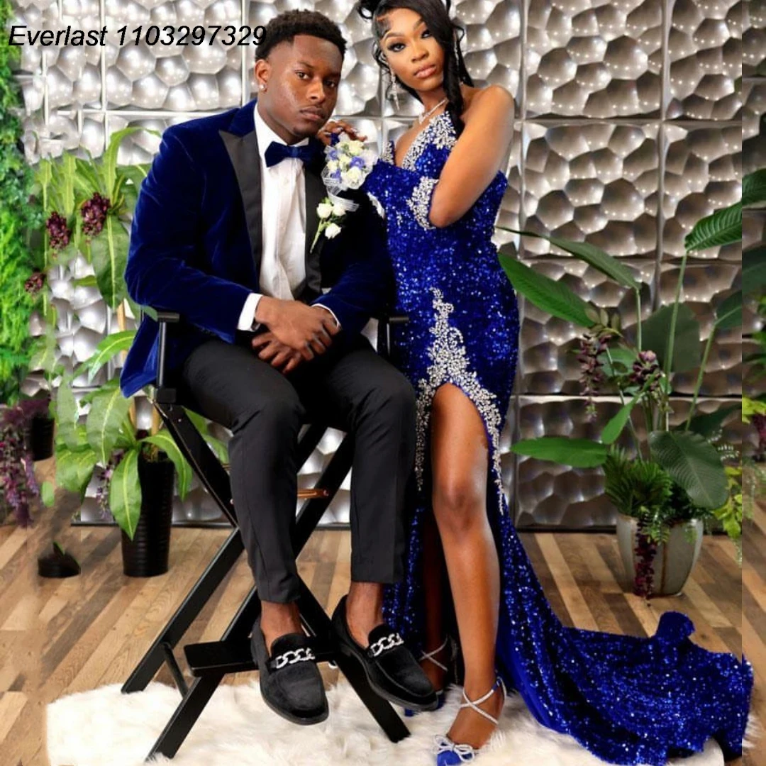 EVLAST Customized Royal Blue Sequins Mermaid Prom Dress For Black Girls High Slit Silver Diamonds Beaded Party Gown TPD92