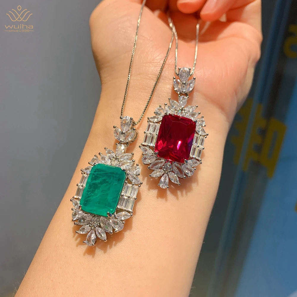 

WUIHA Real 925 Sterling Silver 12*16MM Emerald Ruby Gemstone Pendant Necklace for Women Anniversary Gift Wholesale Drop Shipping