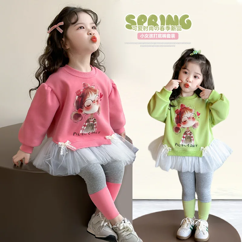 

Girls' suit Spring and autumn new children's foreign style long-sleeved spring baby fashionable cartoon sweater two-piece set