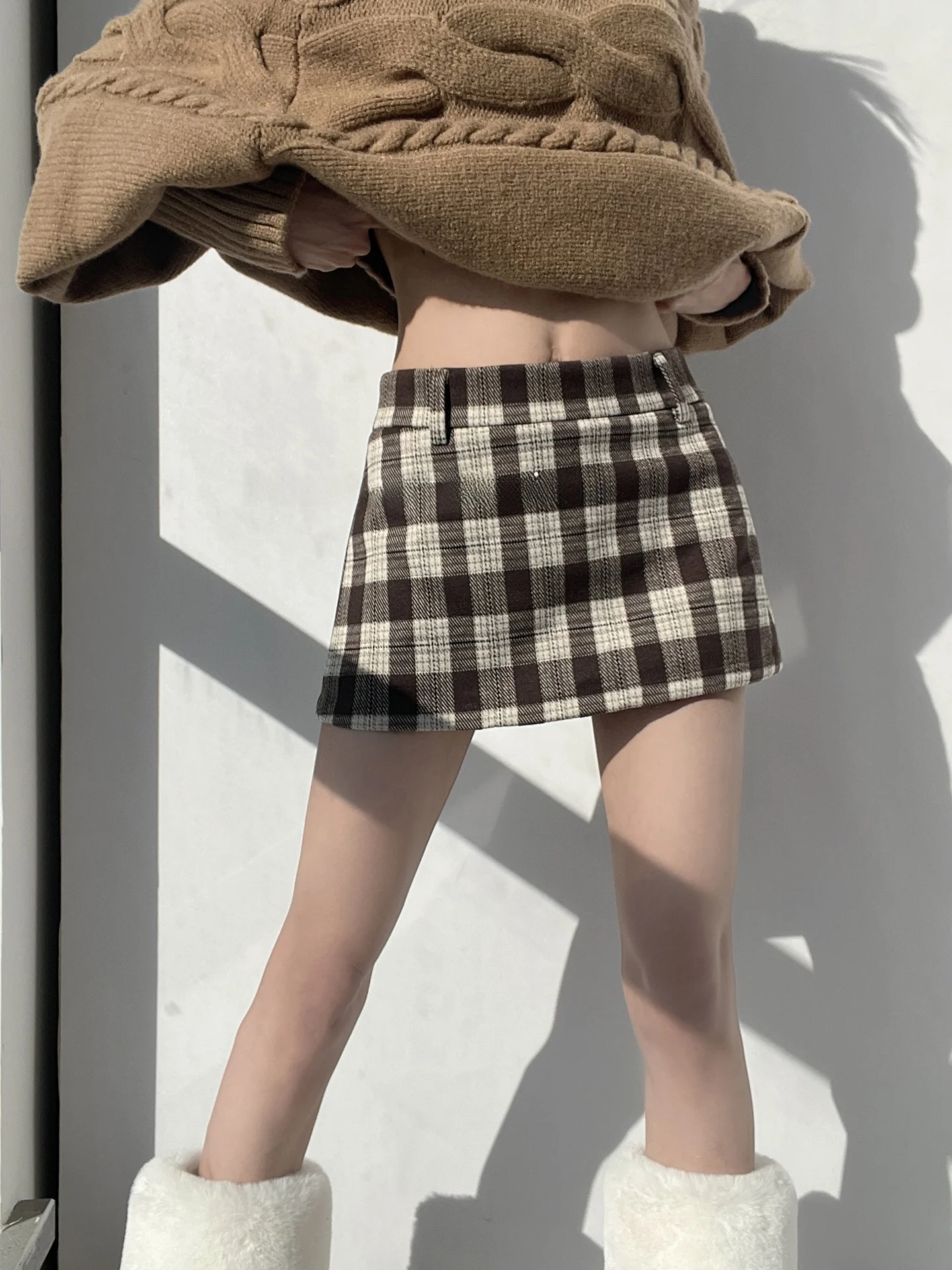 Retro Low Waist Plaid  Skirt Women's Autumn Winter Slimming Design Anti-Light Bodycon Skirt Fashionable College Style