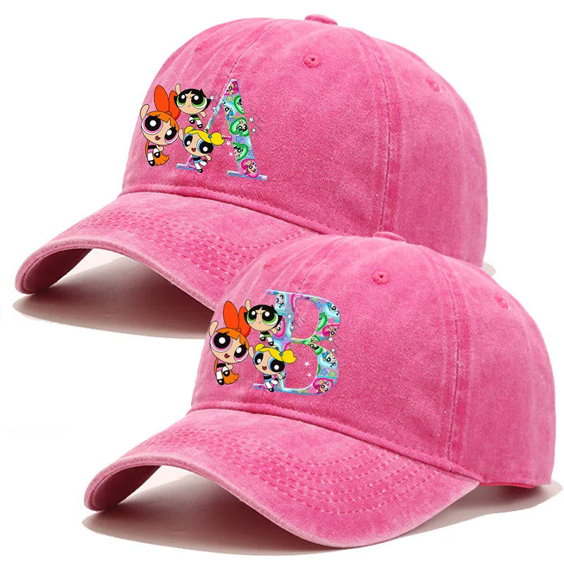 The Powerpuffs Girls Baseball Cap Adult A-Z Letter Washed Denim Sun Hat Cap Cartoon Outdoor Sport Sunbonnet Retro Headgear Gift