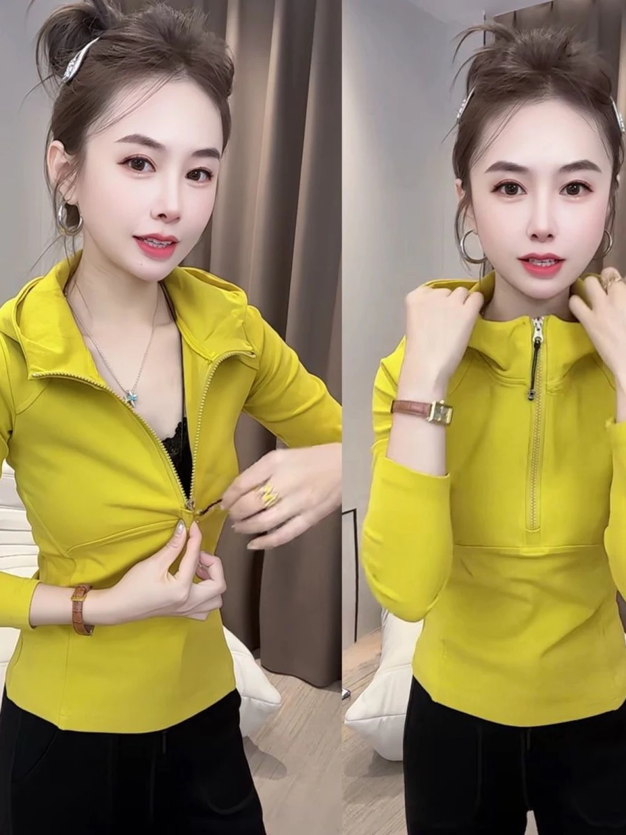 

Модная женская толстовка на молнии с длинным рукавом, приталенная, для йоги и повседневной носки, с утяжкой на талии, осенняя новинка