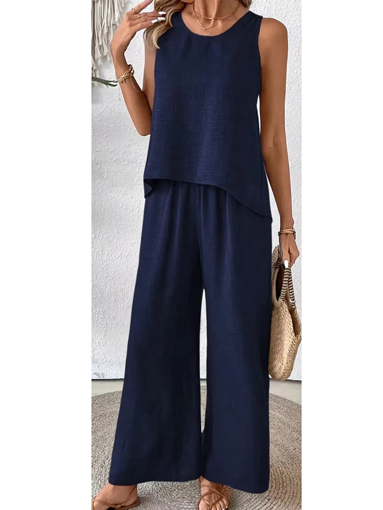 Summer Women's Sleeveless Casual Style Polyester Material 2024 New Fashion Round Neck Solid Color Back Hollow Lace Pants Set