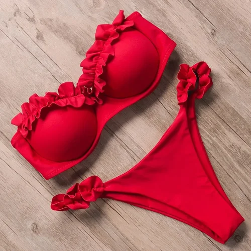Imagen 1 del producto Bikini Sexy con volantes y sujetador para mujer, traje de baño Bandeau con copa, traje de baño femenino, conjunto de Bikini de dos piezas, traje de baño Push Up