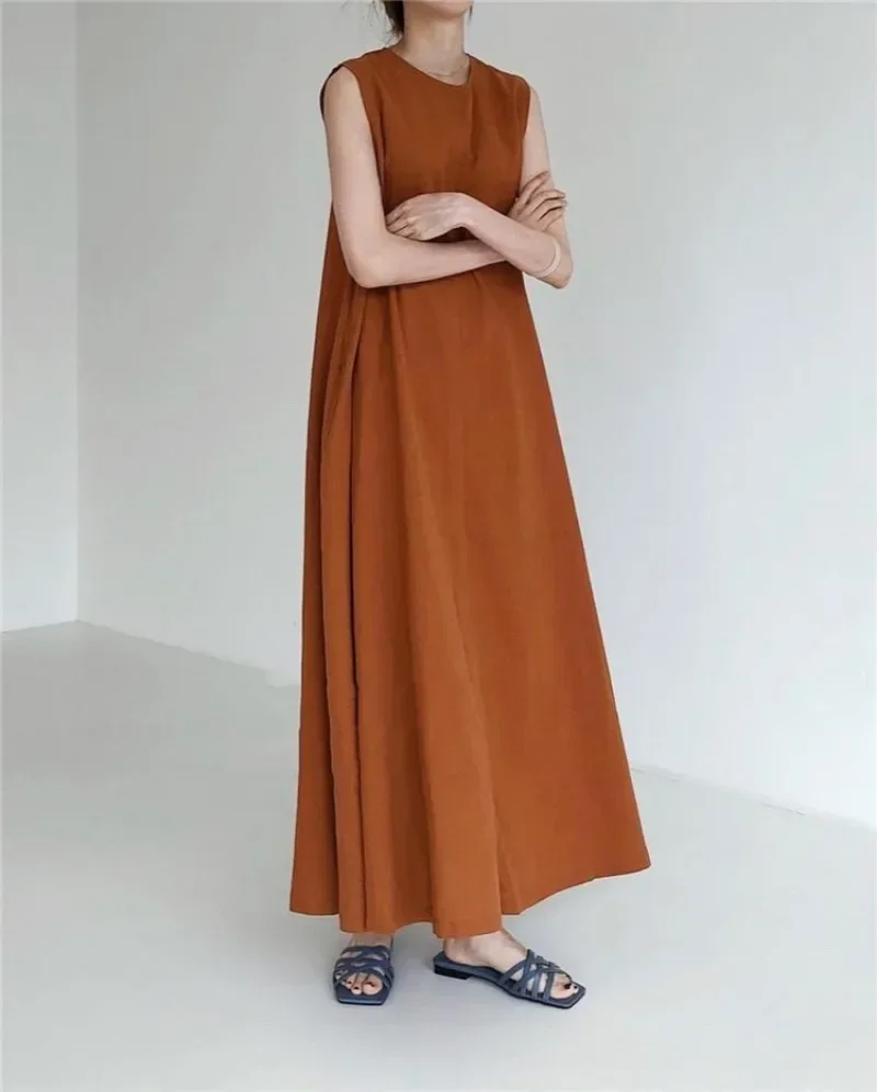 

New Solid Casual Dresses Sleeveless Oversized Cotton And Linen Elegant Vintage Vestidos Korean Women's Summer Pure Long Dresses