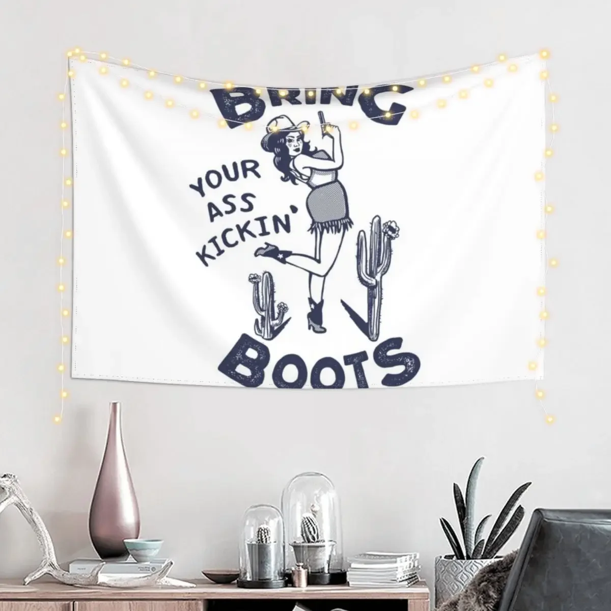 Bring Your Ass Kicking Boots: Retro Western Cowgirl Pinup Tapestry Wall Deco Wall Coverings Tapestry