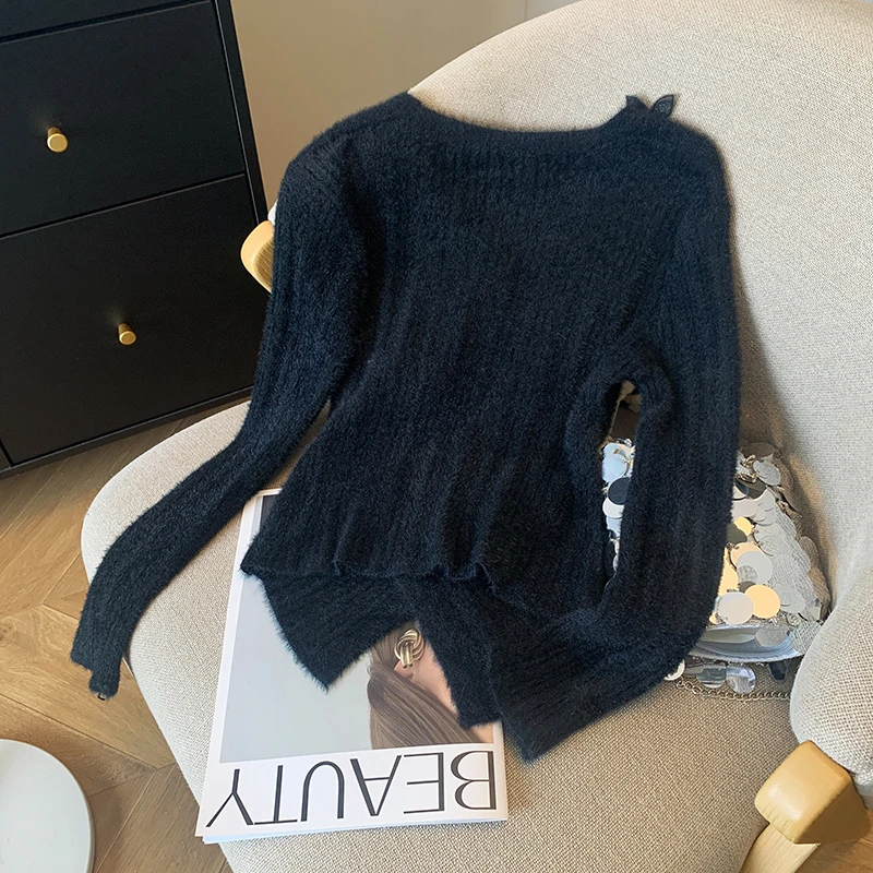 Fashion Slim V-Neck Knitted Sweater For Women Autumn Winter Butterfly Solid Long Sleeved Pullover 2024 New Irregular Short Tops