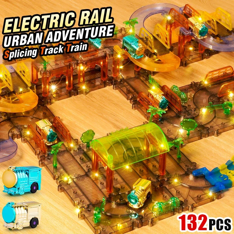 Electric Splicing Track DIY Transparent Race Track Slide Railway Train Engineering Assembly Puzzle Interactive Toy Birthday Gift