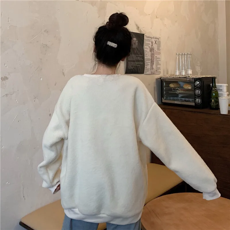 Sweet Girly Style Apricot Lamb Wool Embroidery Cute Puppy Female Loose Pullover Winter New Arrivals Women Hoodie Sweatshirt