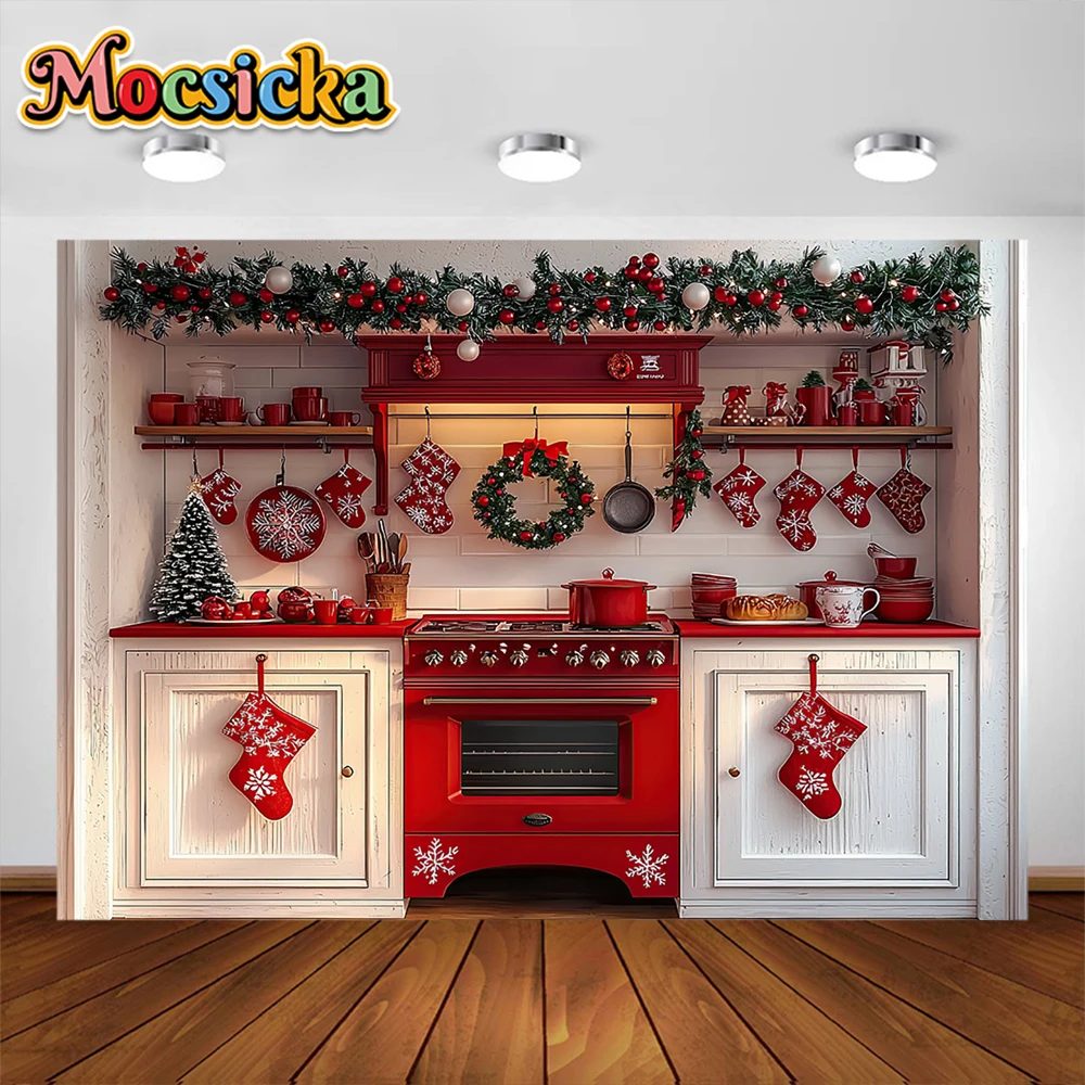 خلفية التصوير الفوتوغرافي لمطبخ الكريسماس ، إكليل الكريسماس ، جوارب حمراء ، ديكور العطلة ، أولاد ، بنات ، خلفية صورة صورة ، دعامة استوديو