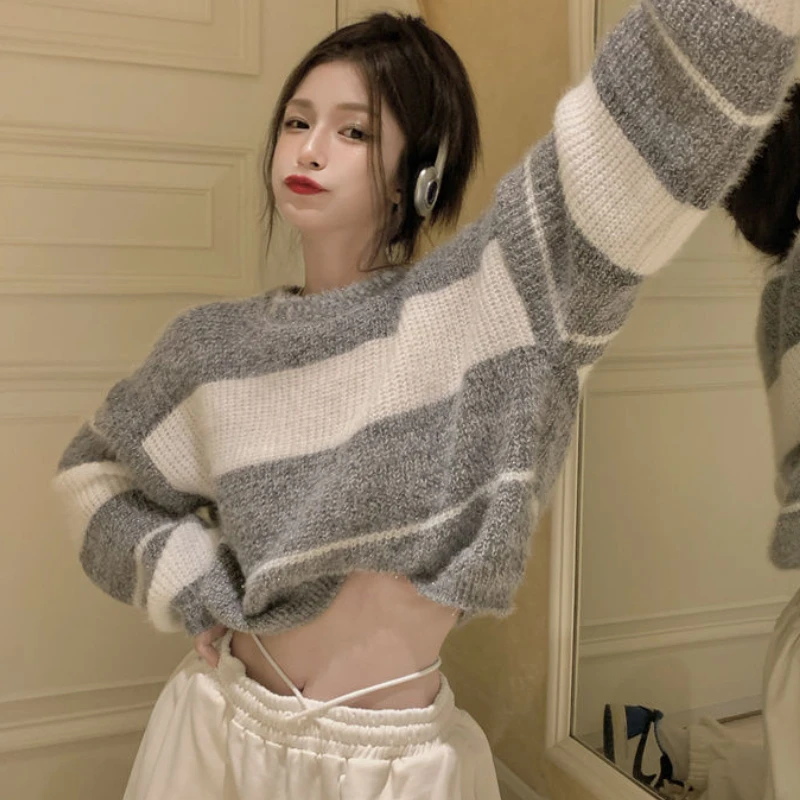 Striped Pullovers Women Soft Baggy Knitted Crop Sweater Autumn Simple Streetwear Casual All-match Sueter Mujer Comfort Ulzzang