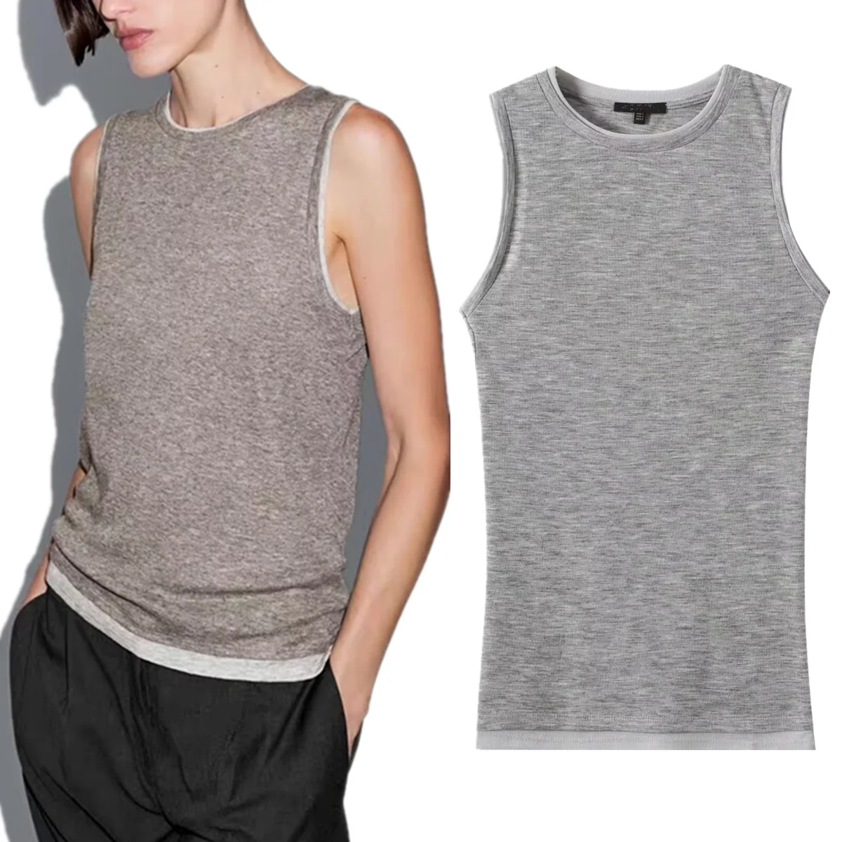 

Maxdutti Nordic Minimalist Gray Fake Two-piece Vest T-shirt Women French Lazy Style Women's Summer T-shirt Top