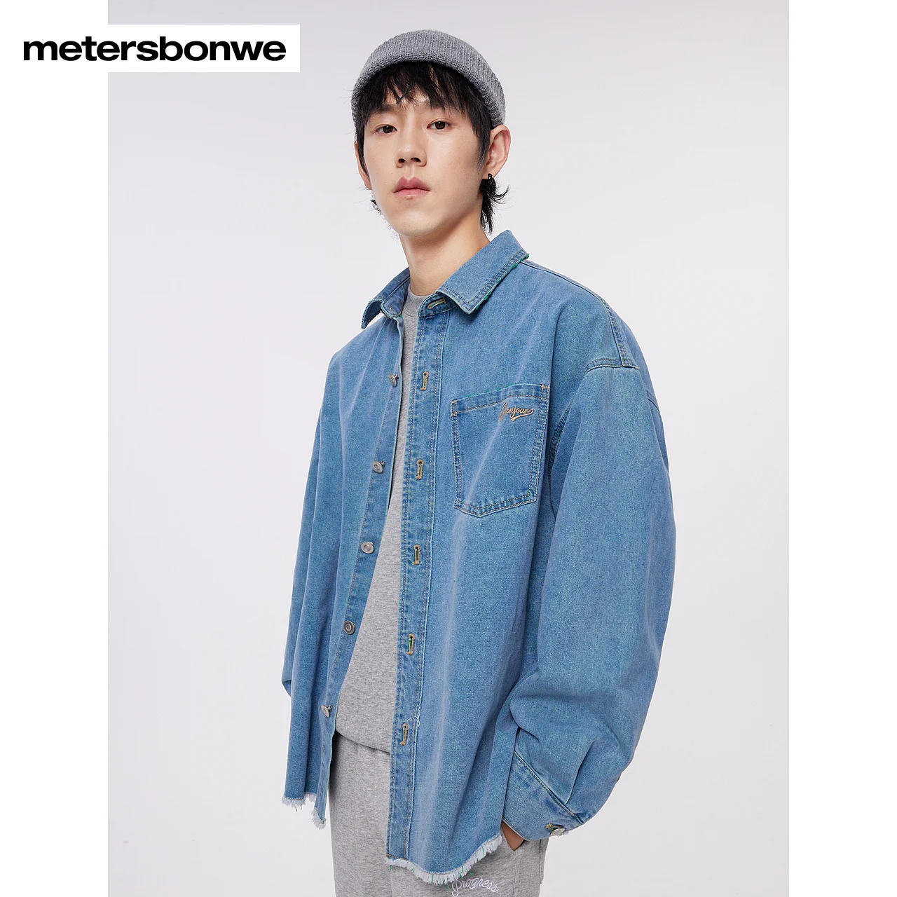 Metersbonwe-Men's And Women's Denim Jacket Grinding Lapel Oversize Denim Shirt-Jacket Large Drop Shoulder Casual Autumn Winter