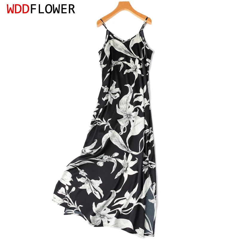 Женское длинное платье из 93% шелка тутового шелкопряда, Черное длинное платье из 7% спандекса с цветочным принтом, регулируемыми бретельками и V-образным вырезом, Размеры M, L, XL, M1068