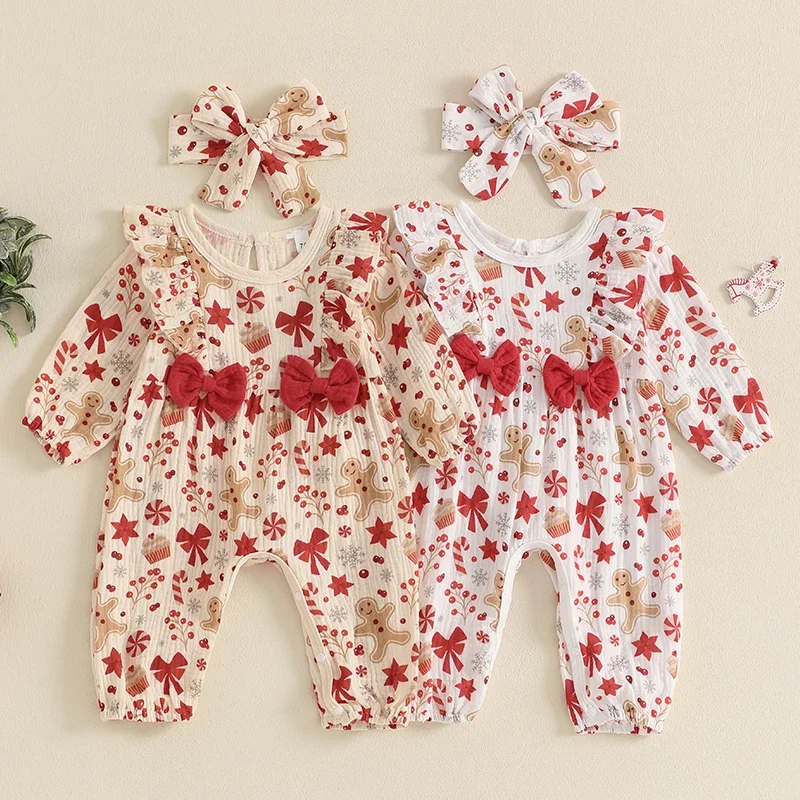 Baby Girls Christmas Jumpsuit Long Sleeve O Neck Gingerbread Man Print Romper with Headband Long Overalls with Bow