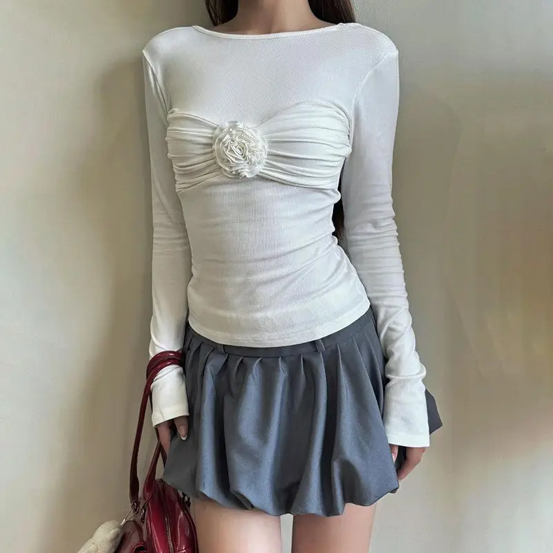 

Floral Women T-Shirt Appliqué Long Sleeve Chic Versatile Top White Ribbed Sexy Clothing Fall 2024