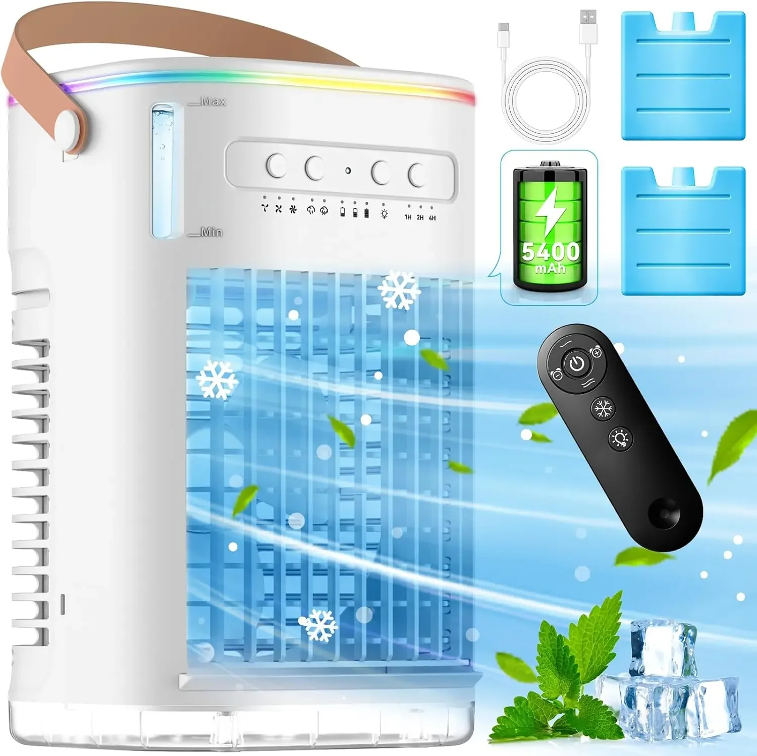 

Portable Personal Air Conditioner with Powerful 5400mAh Li-Battery, Includes 2 Cooling Ice Packs, 7-Hour Timer with Auto-Off Fun