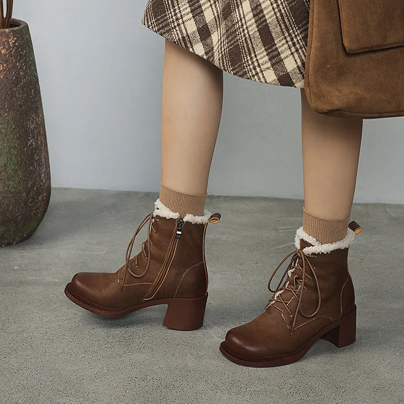 2024 Winter Women Boots Split Leather Women Shoes Round Toe Chunky Heel Genuine Leather Ladies Wool Modern Snow Boots image 2