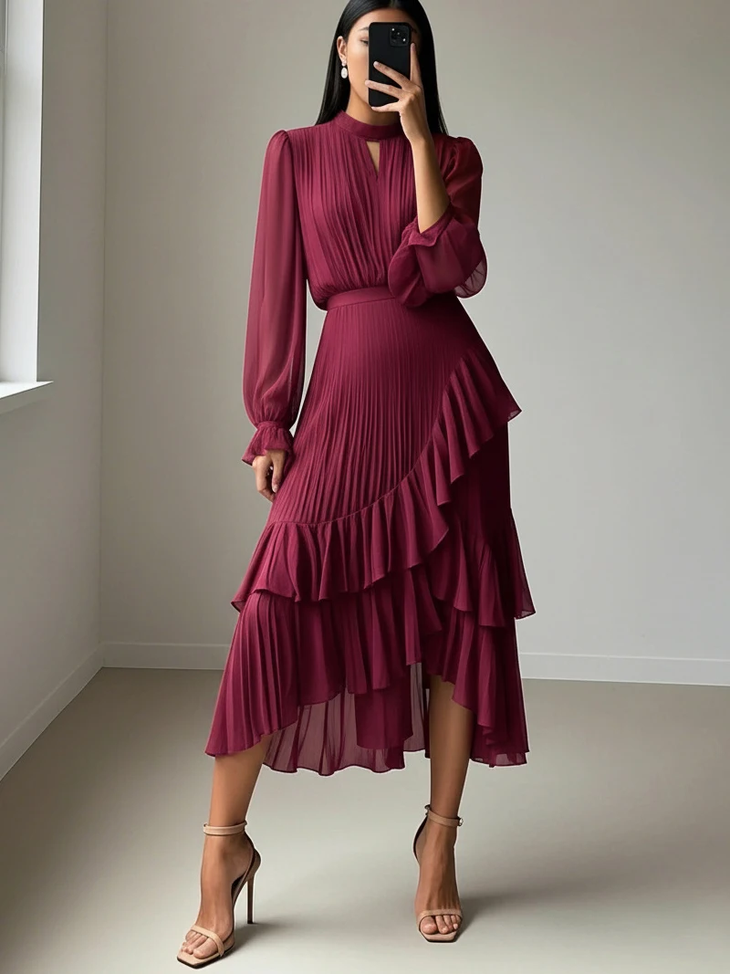 Vestido Elegante com Mangas Longas e Babados para Mulheres, Vestido em Camadas Estilo A para Primavera e Verão, Vestidos de Festa e Prom