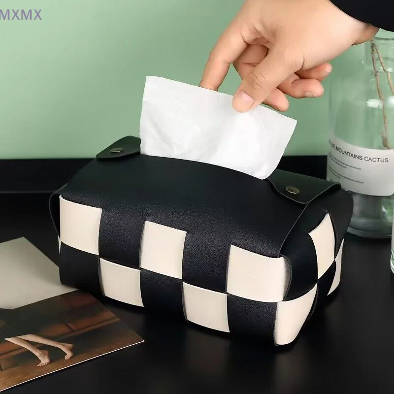 Checkerboard Woven Tissue Box PU Leather Car Napkin Case Living Room Desktop Decoration Creative Auto Paper Towel Cover