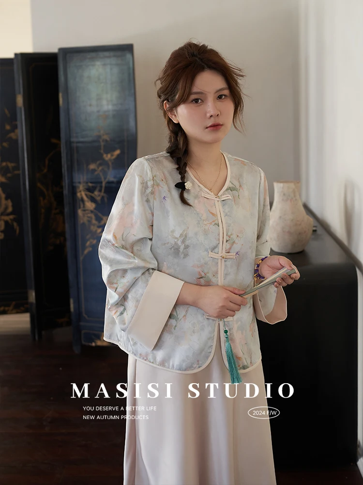 

Женская атласная блузка Maixi больших размеров в китайском стиле, осенняя, свободного кроя, с эффектом похудения, в национальном стиле, с длинным рукавом, круглым вырезом и принтом