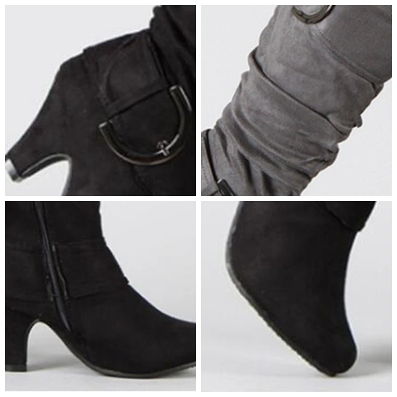 REAVE CAT 2021 Knee High Boots Autumn Faux Suede Wide Pleated Slouchy Buckle 5cm Spike Heels Size 35-43 Grey A4370