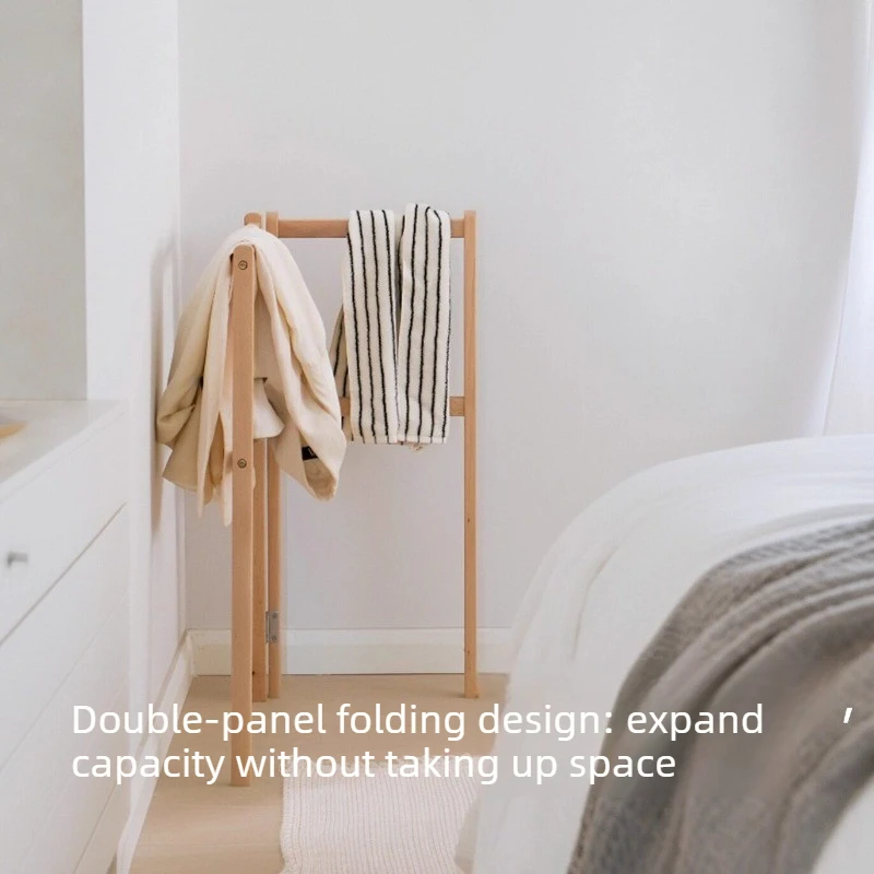 Minimalist Solid Wood Folding Floor Clothes Rack End of Bed Coat Stand Space Saving Storage Organizer