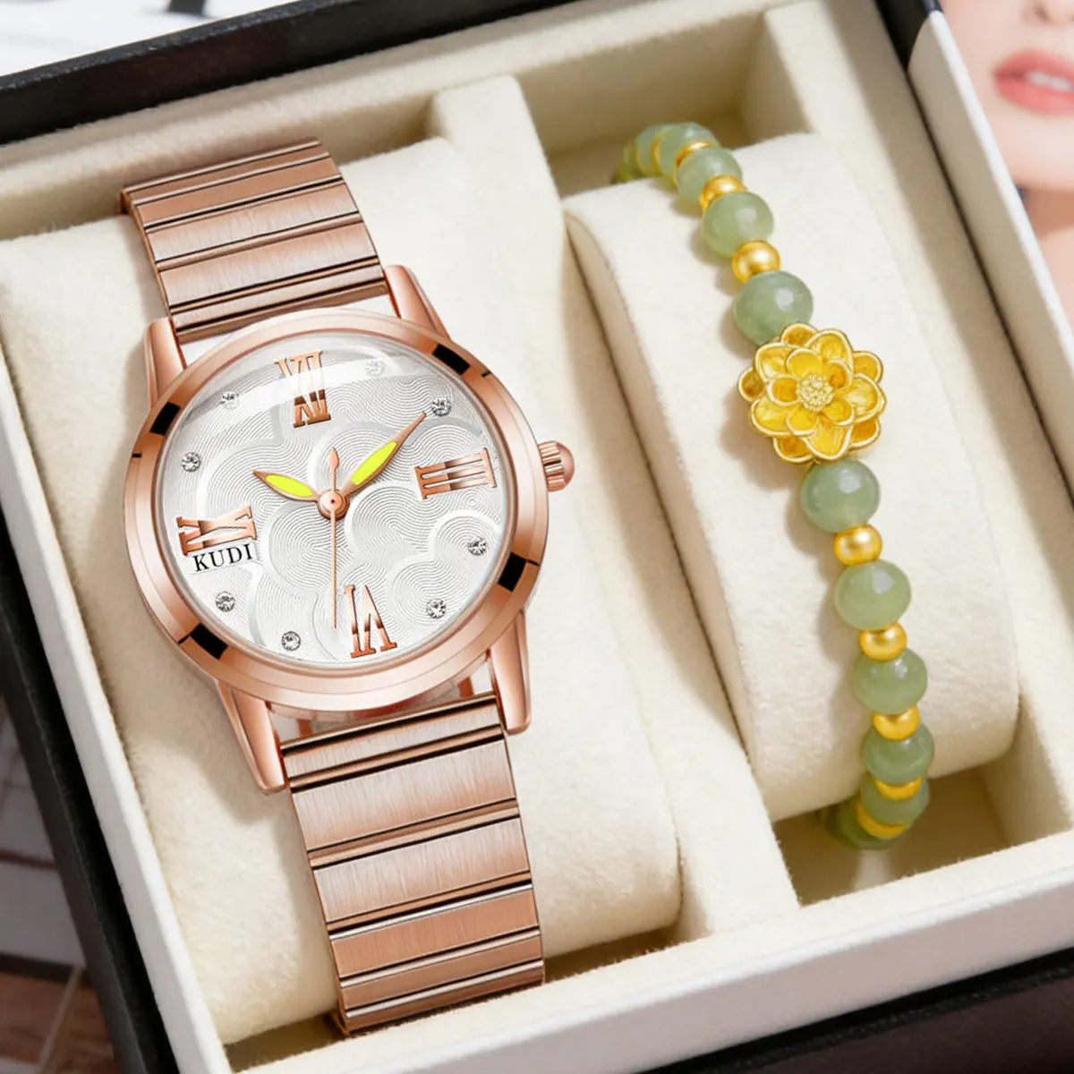 

Classic Business Ladies Watch Floral Rose Gold Diamond Embedded Luxury Versatile Quartz Watch for Women