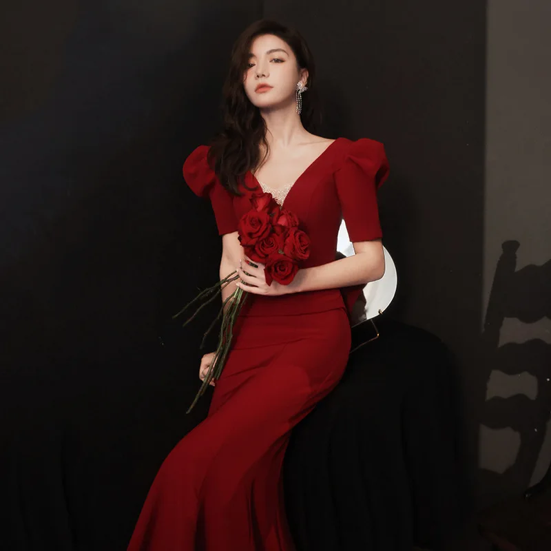 

Mermaid Evening Dress Wine Red Temperament Slim Engagement Banquet Wear V Neck Short Sleeve Backless Bow Party Vestidos