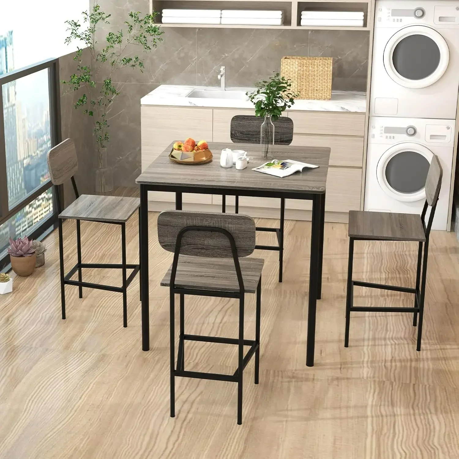 5-Piece Dining Table Set W/Counter Height Table & 4 Bar Stools, Modern Kitchen Dining Set W/Footrest & Backrest, Space-Saving