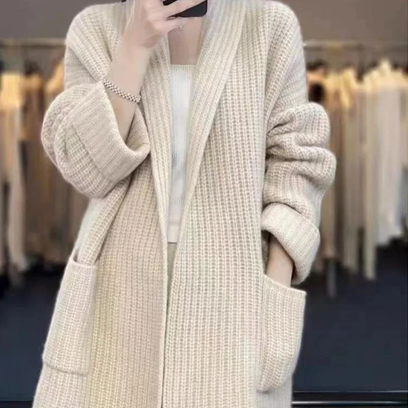 Cardigan pull grande taille, style paresseux, ligne épaisse, tempérament mi-long, tricot ample, veste épaisse pour femme, automne et hiver