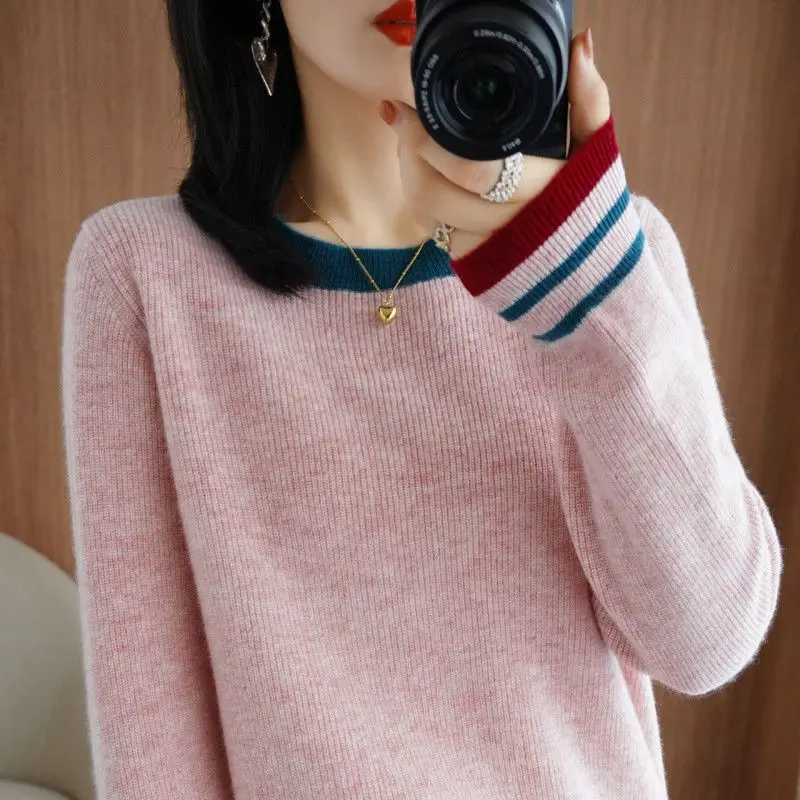 Korean Autumn Winter 2024 Women\'s New Pullover Round Neck Sweater Screw Thread Fashion Loose Casual Long Sleeved Knitted Top