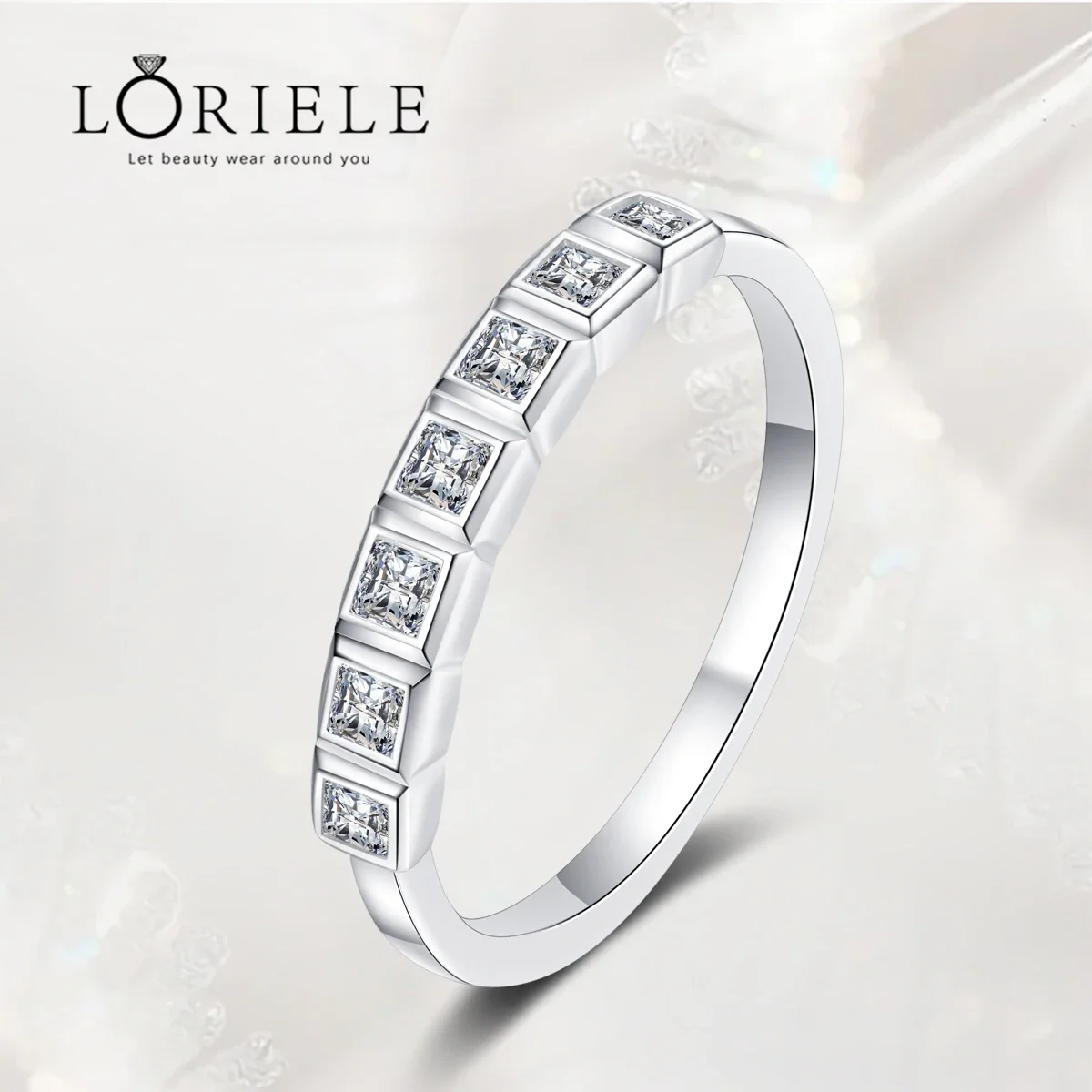 

LORIELE 0.56CT Moissanite Lab Diamond Ring Wedding Rings Stackable Band Princess Cut 7 Stones Bridal Promise Rings