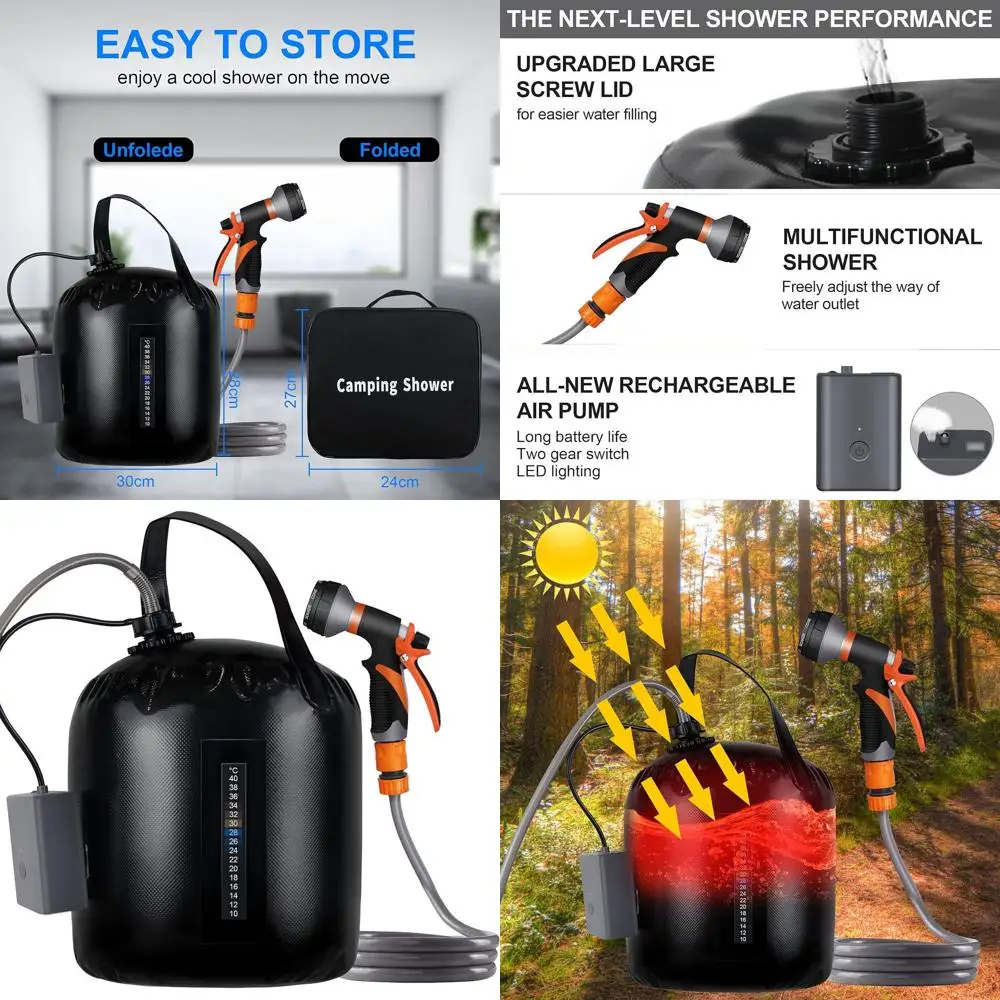 

Портативный душ для кемпинга, перезаряжаемый воздушный насос 5 галлонов/20 литров, электрический душ для кемпинга на открытом воздухе, 8 режимов распыления, солнечный нагрев